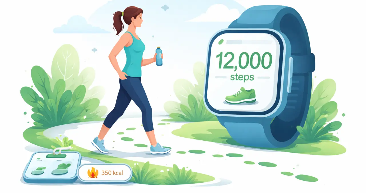 How Many Steps To Lose Weight Calculator per day illustration showing walking and step counter