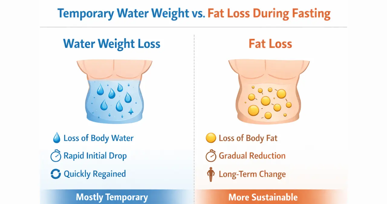 Illustration showing the difference between temporary water weight loss and fat loss during fasting calculate using Water Fasting Weight Loss Estimator