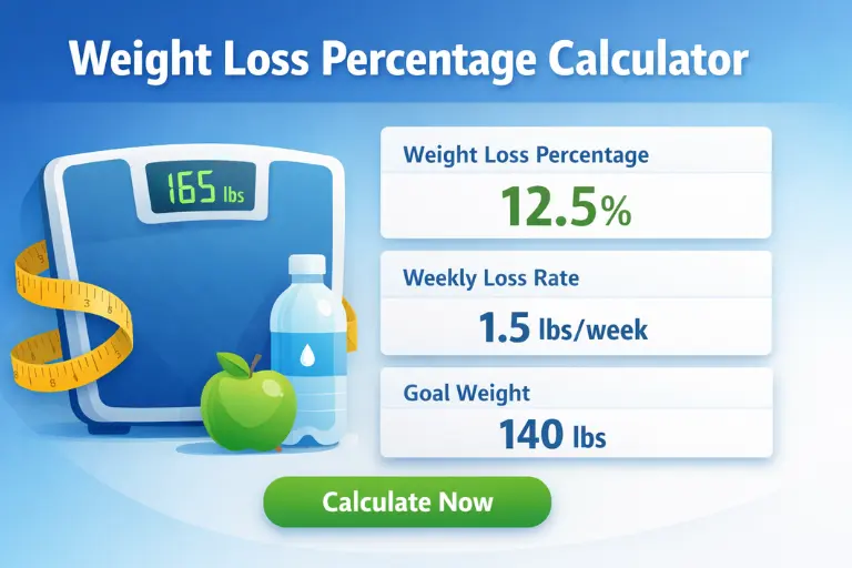 Weight Loss Percentage Calculator and the chart showing health benefits at different weight loss percentage milestones from 5% to 15%