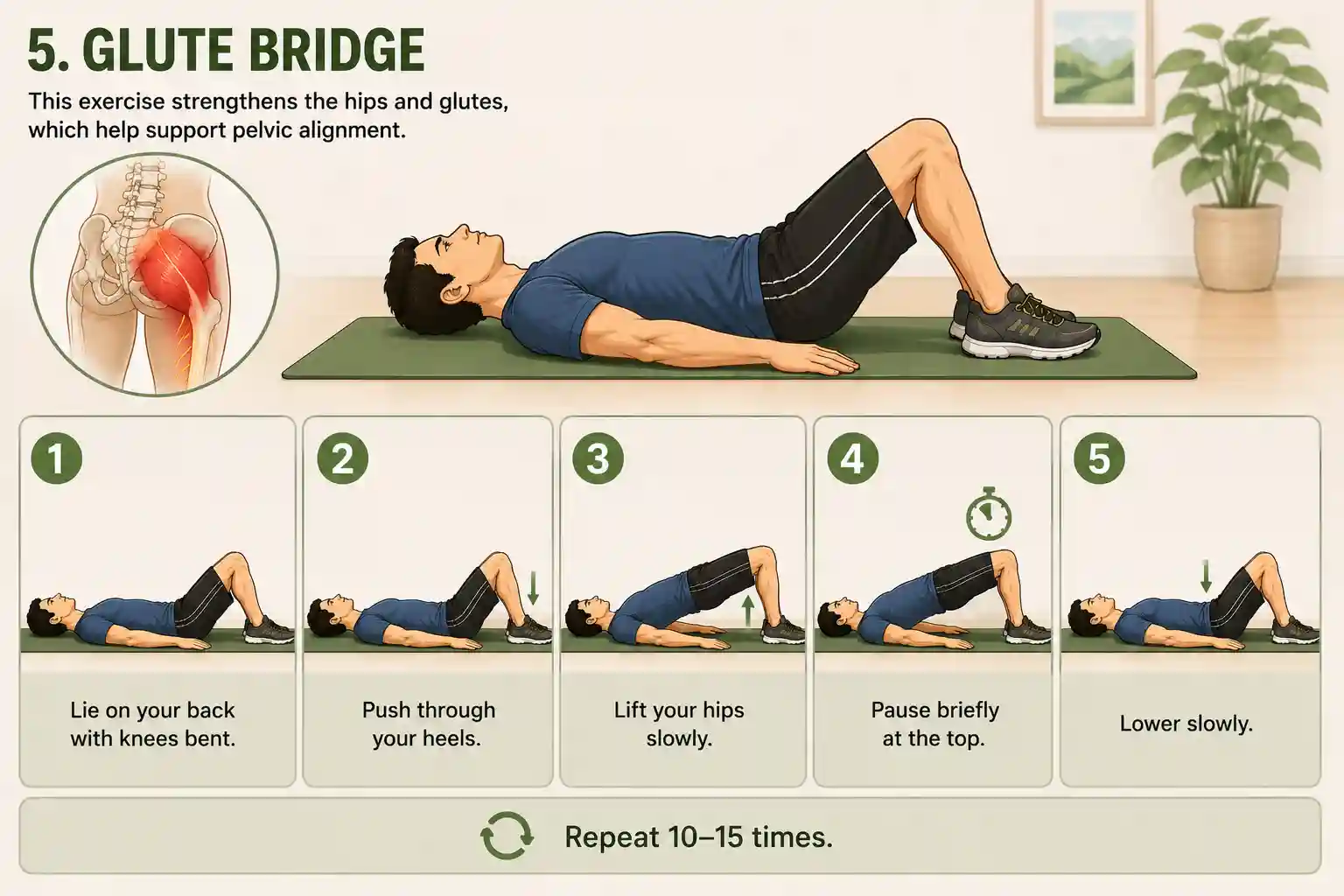 5 Best Exercises for Sciatic Nerve Pain Relief At Home. 18 Glute bridge exercise guide