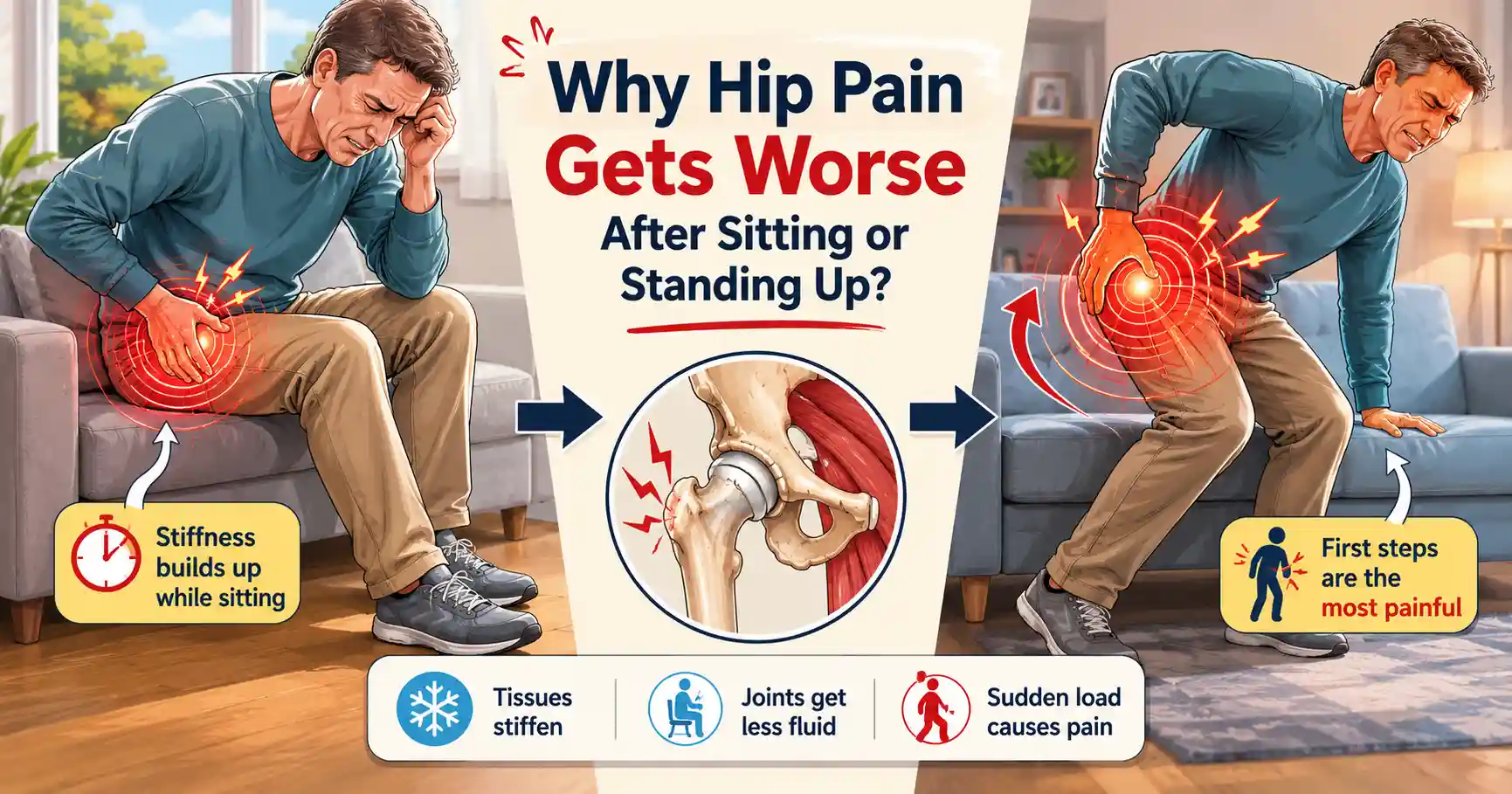 Hip pain when sitting vs. standing