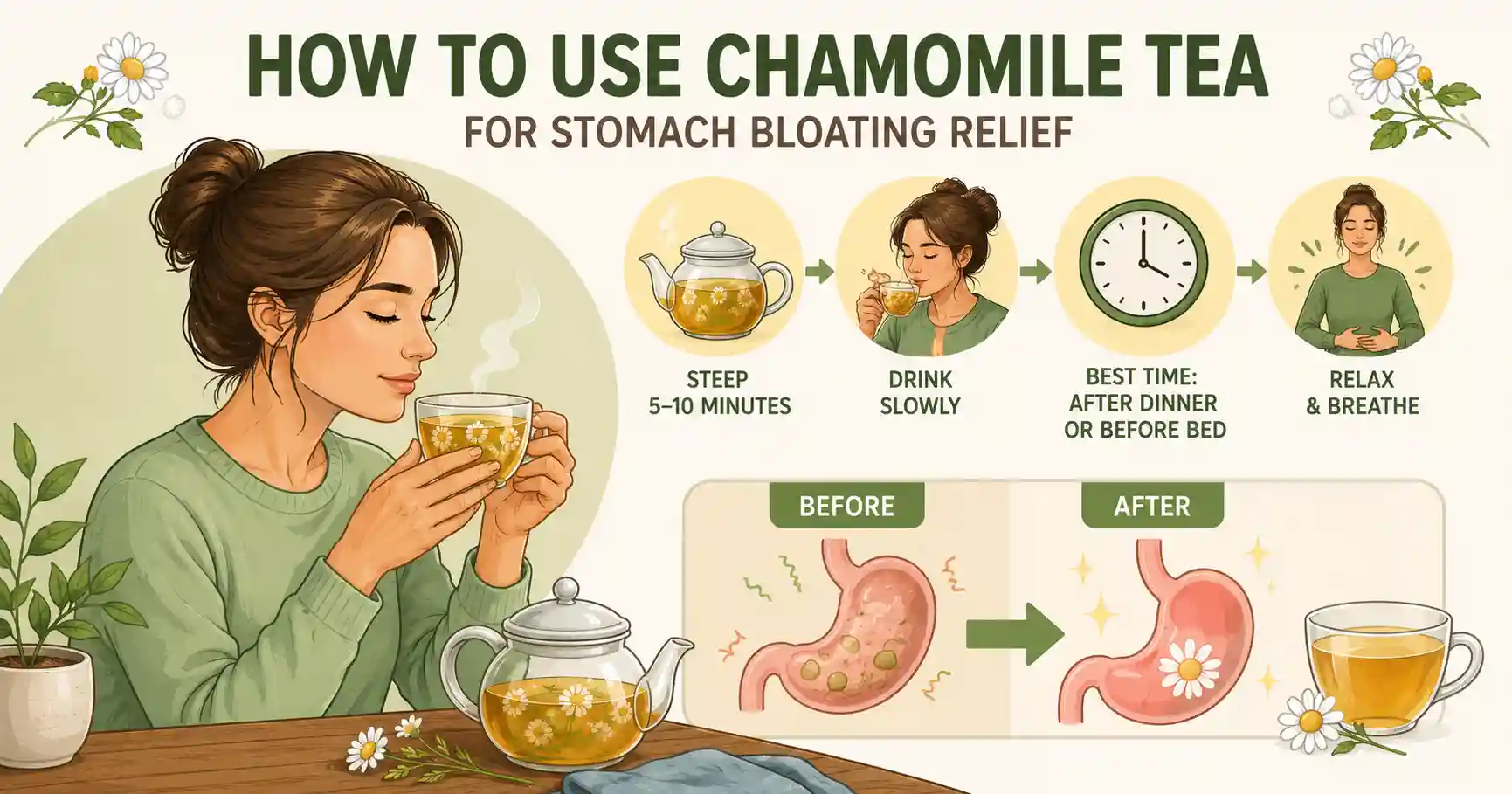 Does Chamomile Tea Help With Stomach Bloating & Gas? 1 How to use chamomile tea for bloating