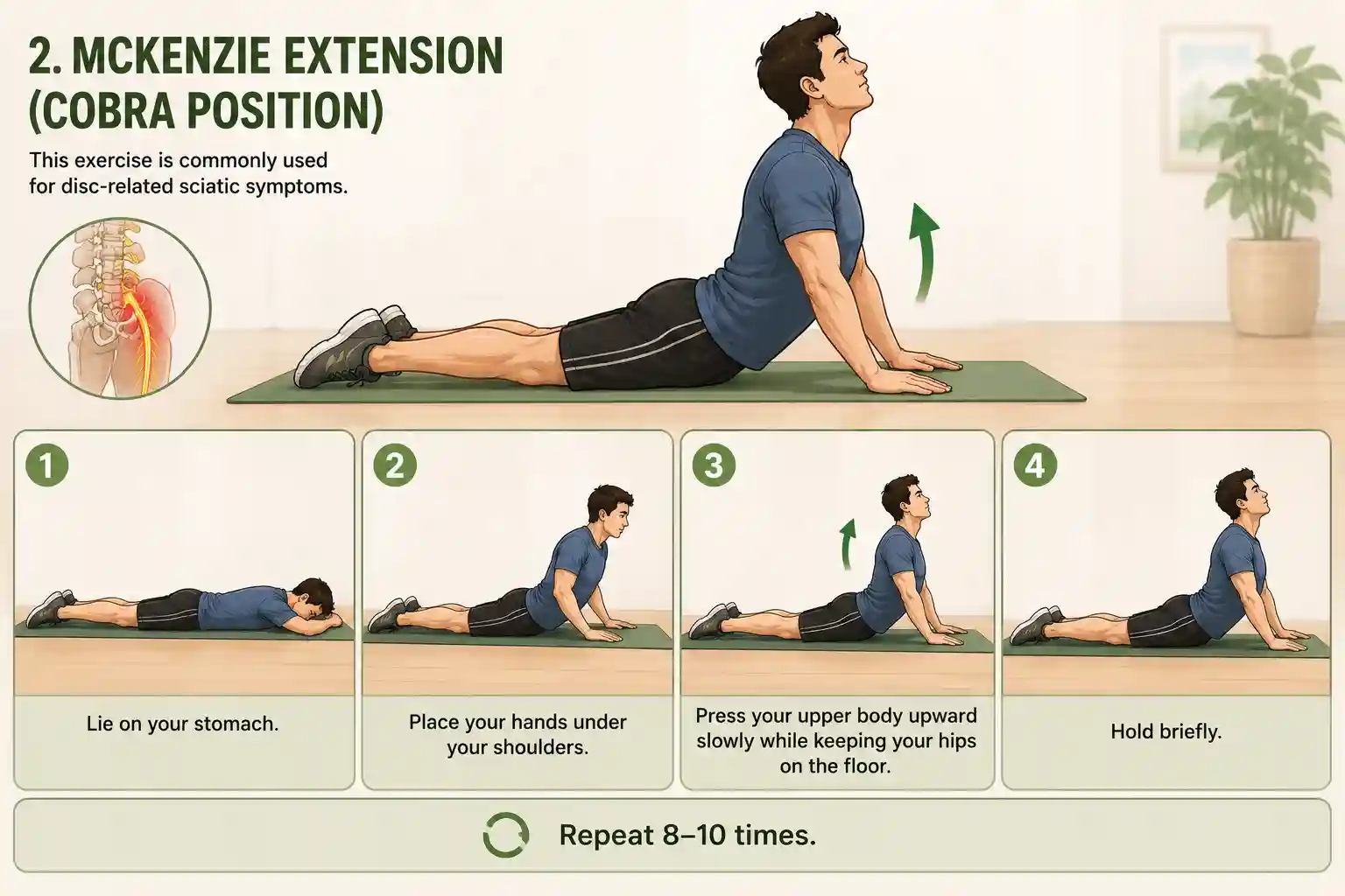 5 Best Exercises for Sciatic Nerve Pain Relief At Home. 15 McKenzie extension exercise guide