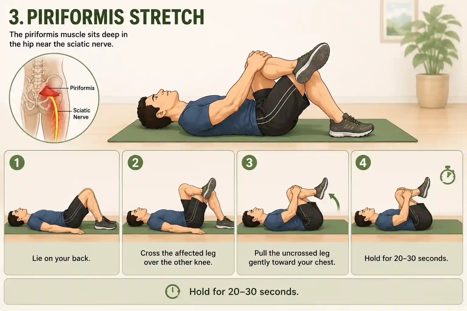 5 Best Exercises for Sciatic Nerve Pain Relief At Home. 16 Piriformis stretch guide illustration