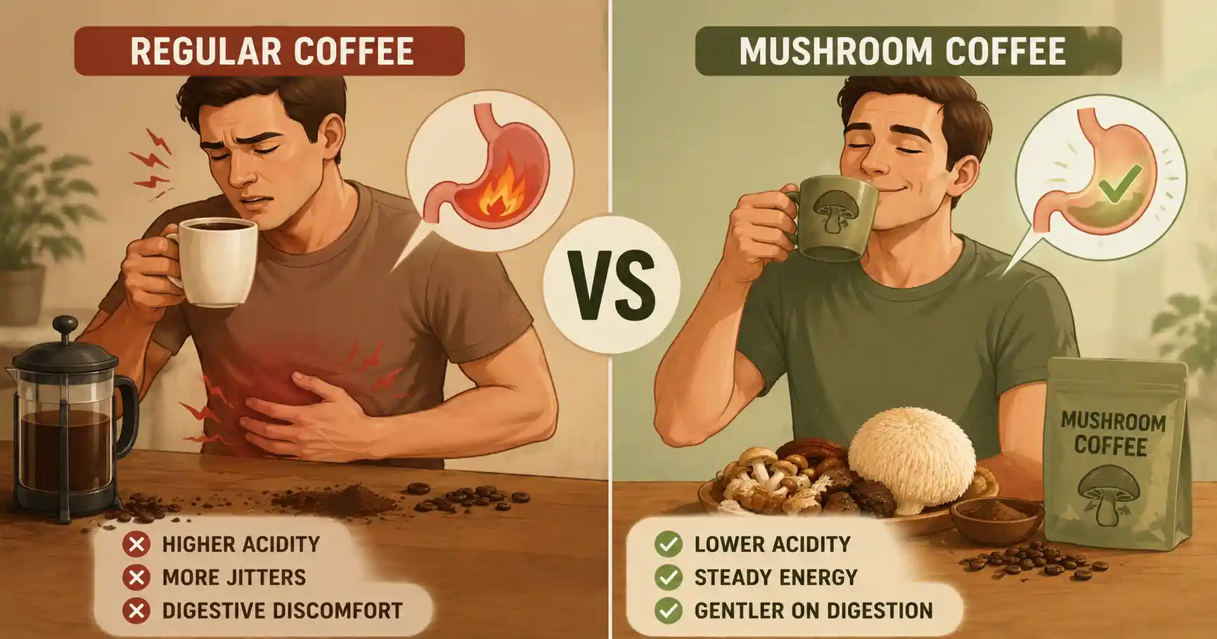 Best Mushroom Coffee for Gut Health (2026 Guide). 2 Regular coffee vs mushroom coffee comparison