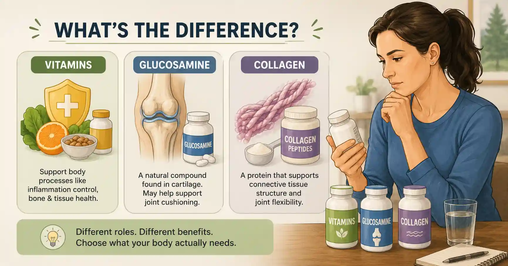 What is the difference between glucosamine, collagen, and vitamins